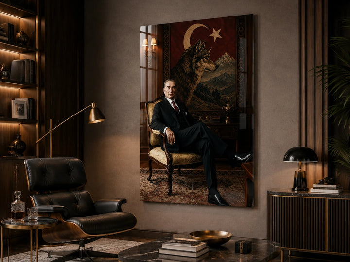 Bozkurt ve Türk Bayrağı Fonlu Oturan Atatürk Cam Tablo – alternatif oda görünümü 2