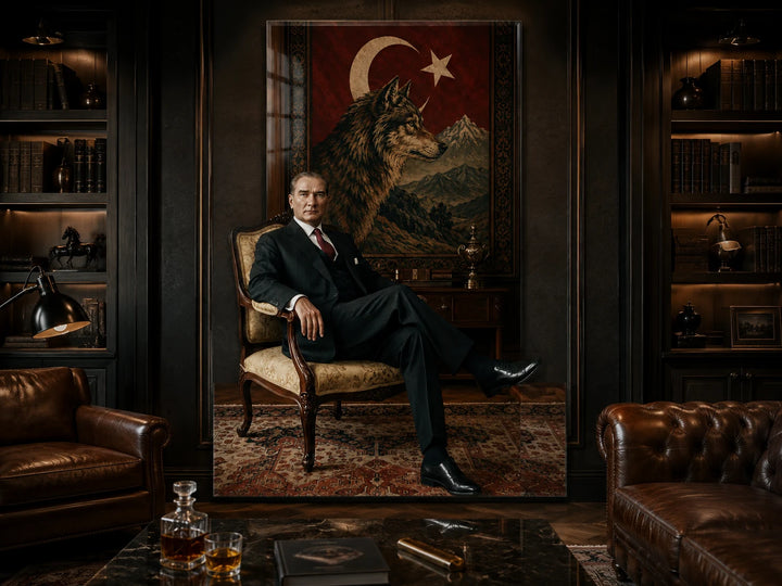 Bozkurt ve Türk Bayrağı Fonlu Oturan Atatürk Cam Tablo – alternatif oda görünümü 3