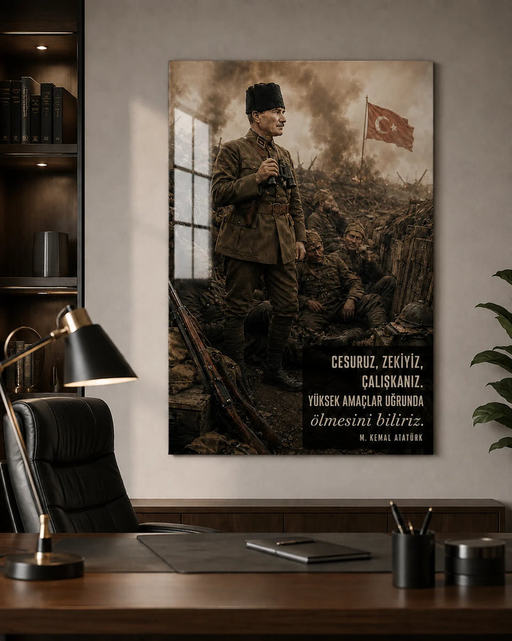 Cesuruz, Zekiyiz, Çalışkanız Atatürk Temperli Cam Tablo – yakın plan oda görünümü