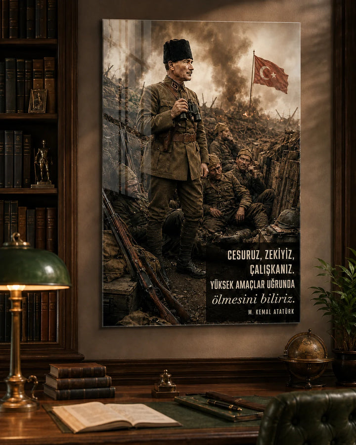 Cesuruz, Zekiyiz, Çalışkanız Atatürk Temperli Cam Tablo – duvar dekorasyonu görünümü