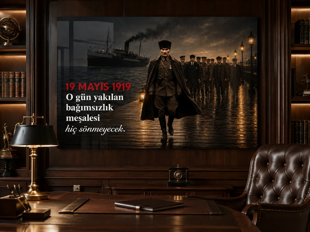 19 Mayıs 1919 Bağımsızlık Meşalesi Atatürk Cam Tablo – yakın plan oda görünümü