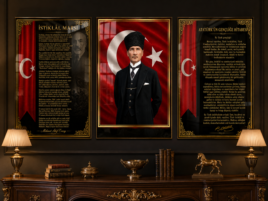 Atatürk, İstiklal Marşı ve Gençliğe Hitabe 3’lü Cam Tablo Seti – Model 01
