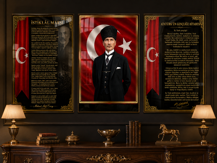 Atatürk, İstiklal Marşı ve Gençliğe Hitabe 3’lü Cam Tablo Seti – Model 01