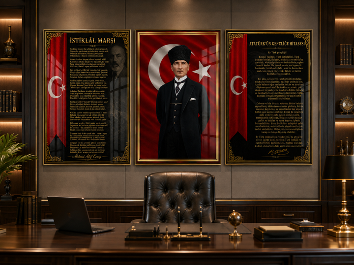 Atatürk, İstiklal Marşı ve Gençliğe Hitabe 3’lü Cam Tablo Seti – Model 01 – oda görünümü 2