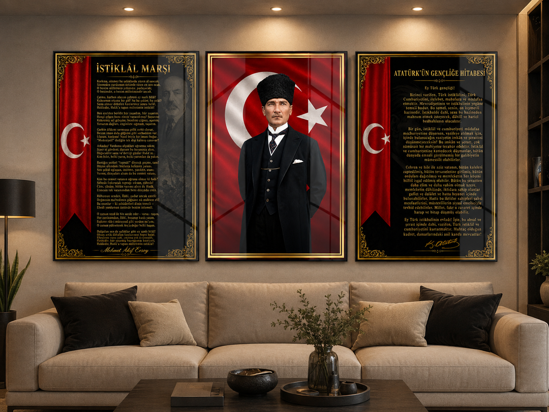 Atatürk, İstiklal Marşı ve Gençliğe Hitabe 3’lü Cam Tablo Seti – Model 01 – oda görünümü 3