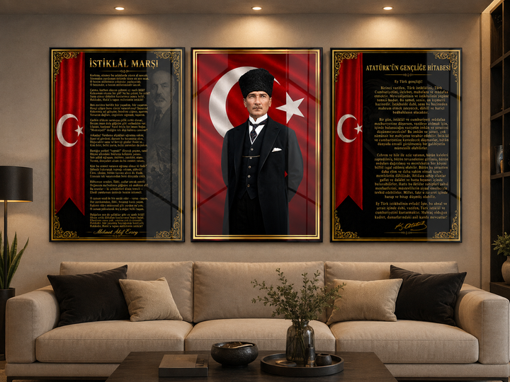 Atatürk, İstiklal Marşı ve Gençliğe Hitabe 3’lü Cam Tablo Seti – Model 01 – oda görünümü 3