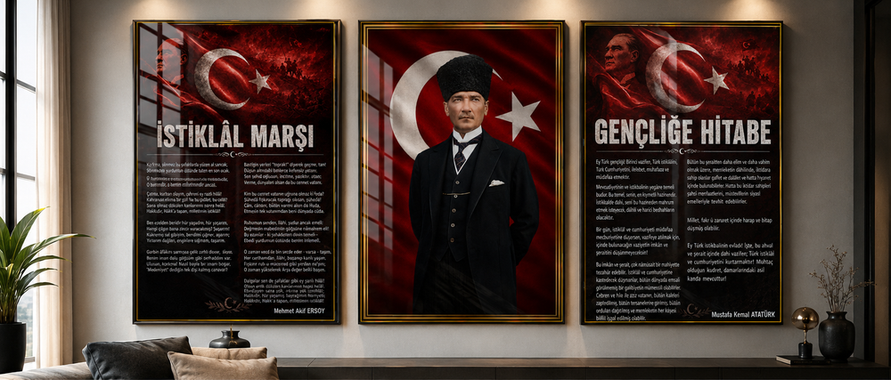 Atatürk, İstiklal Marşı ve Gençliğe Hitabe 3’lü Cam Tablo Seti – Model 02 – oda görünümü 2
