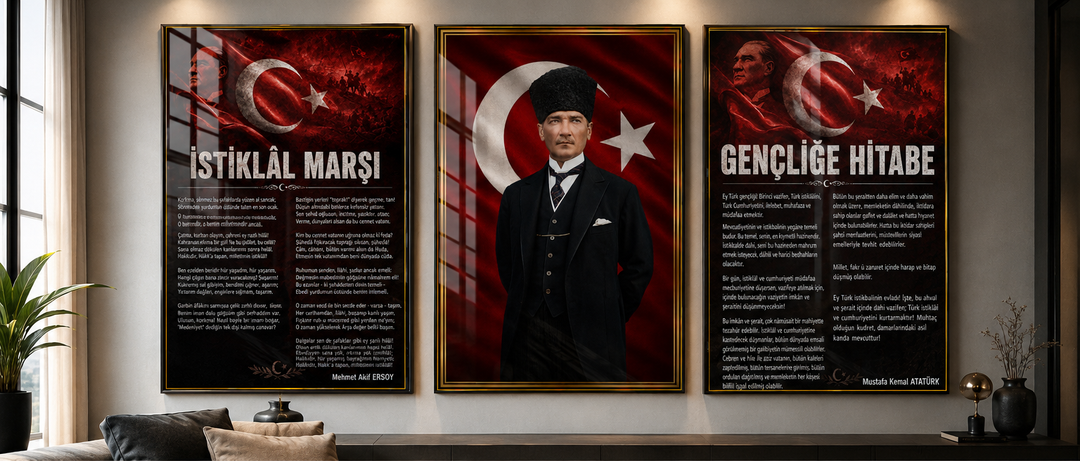Atatürk, İstiklal Marşı ve Gençliğe Hitabe 3’lü Cam Tablo Seti – Model 02 – oda görünümü 2