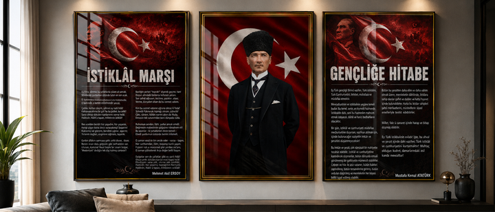 Atatürk, İstiklal Marşı ve Gençliğe Hitabe 3’lü Cam Tablo Seti – Model 02 – oda görünümü 2