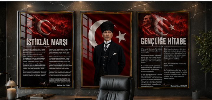 Atatürk, İstiklal Marşı ve Gençliğe Hitabe 3’lü Cam Tablo Seti – Model 02 – oda görünümü 3