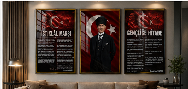 Atatürk, İstiklal Marşı ve Gençliğe Hitabe 3’lü Cam Tablo Seti – Model 02 – oda görünümü 4