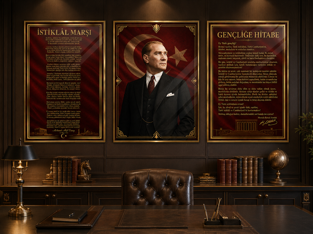 Atatürk, İstiklal Marşı ve Gençliğe Hitabe 3’lü Cam Tablo Seti – Model 03