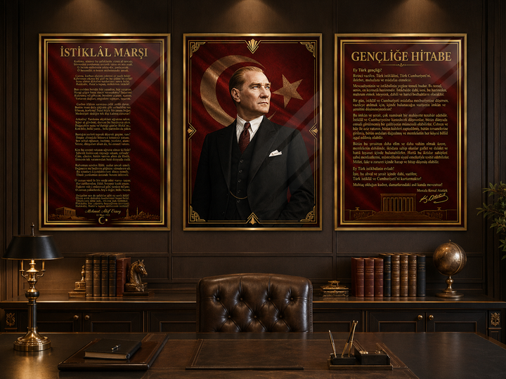 Atatürk, İstiklal Marşı ve Gençliğe Hitabe 3’lü Cam Tablo Seti – Model 03