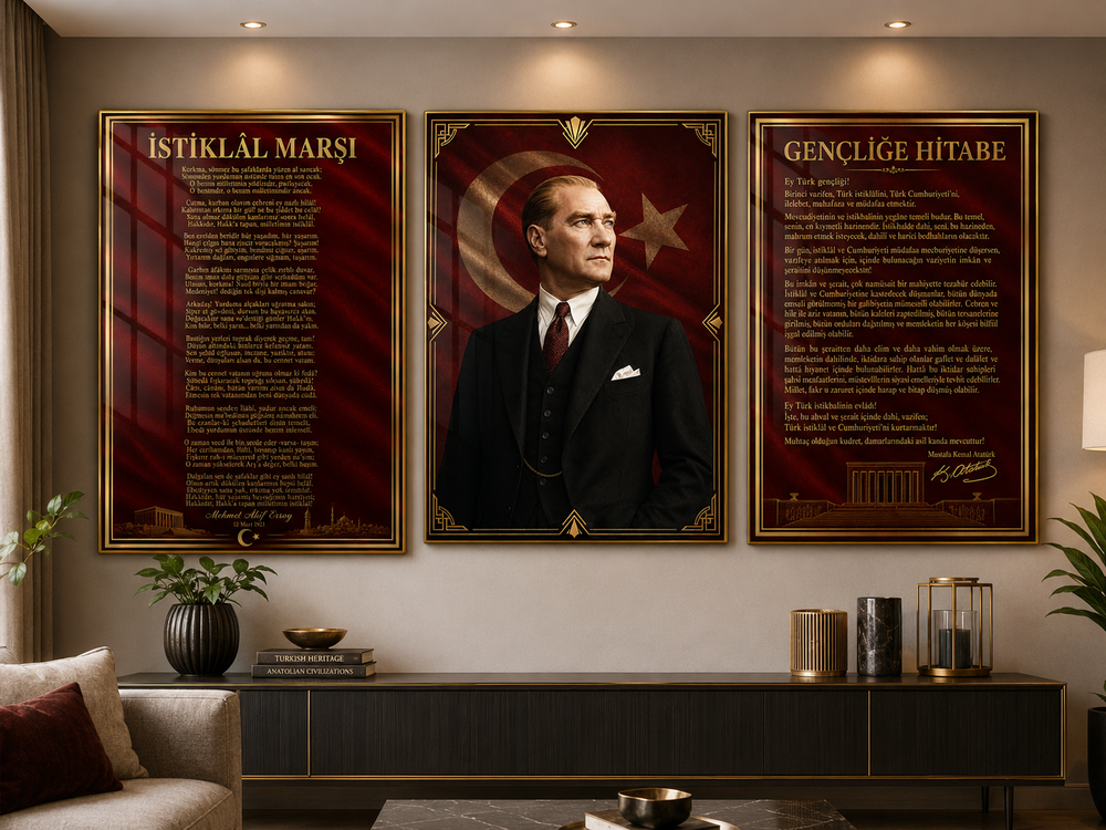 Atatürk, İstiklal Marşı ve Gençliğe Hitabe 3’lü Cam Tablo Seti – Model 03 – oda görünümü 2