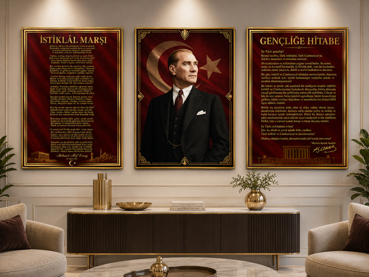Atatürk, İstiklal Marşı ve Gençliğe Hitabe 3’lü Cam Tablo Seti – Model 03 – oda görünümü 3