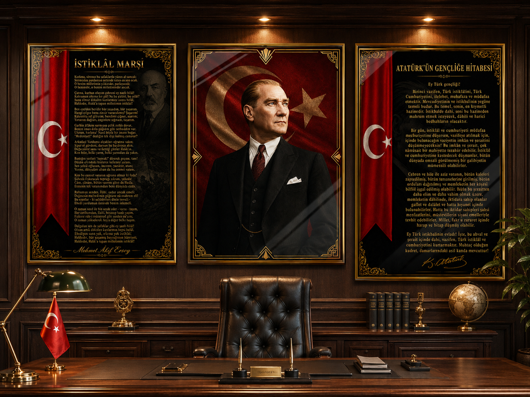 Atatürk, İstiklal Marşı ve Gençliğe Hitabe 3’lü Cam Tablo Seti – Model 04