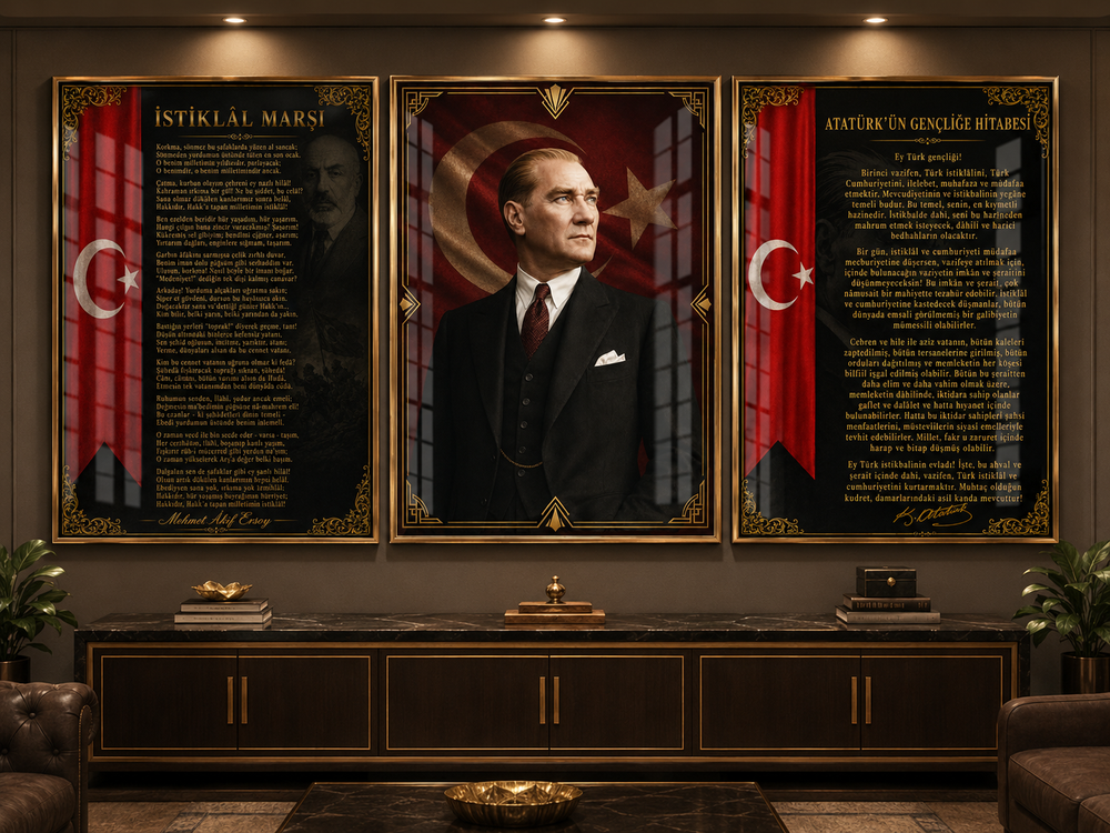 Atatürk, İstiklal Marşı ve Gençliğe Hitabe 3’lü Cam Tablo Seti – Model 04 – oda görünümü 2