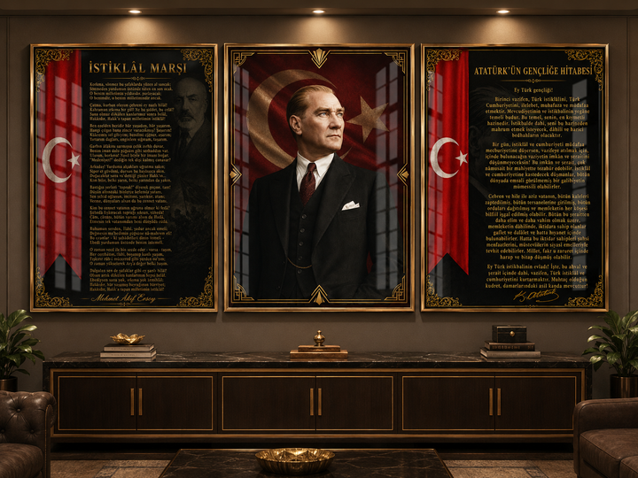 Atatürk, İstiklal Marşı ve Gençliğe Hitabe 3’lü Cam Tablo Seti – Model 04 – oda görünümü 2