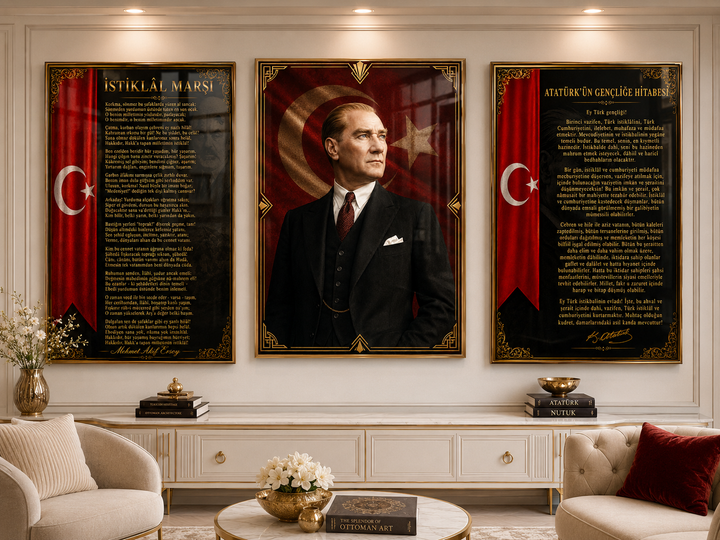 Atatürk, İstiklal Marşı ve Gençliğe Hitabe 3’lü Cam Tablo Seti – Model 04 – oda görünümü 3
