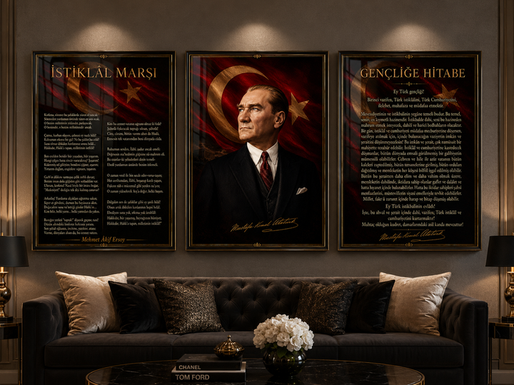 Atatürk, İstiklal Marşı ve Gençliğe Hitabe 3’lü Cam Tablo Seti – Model 05