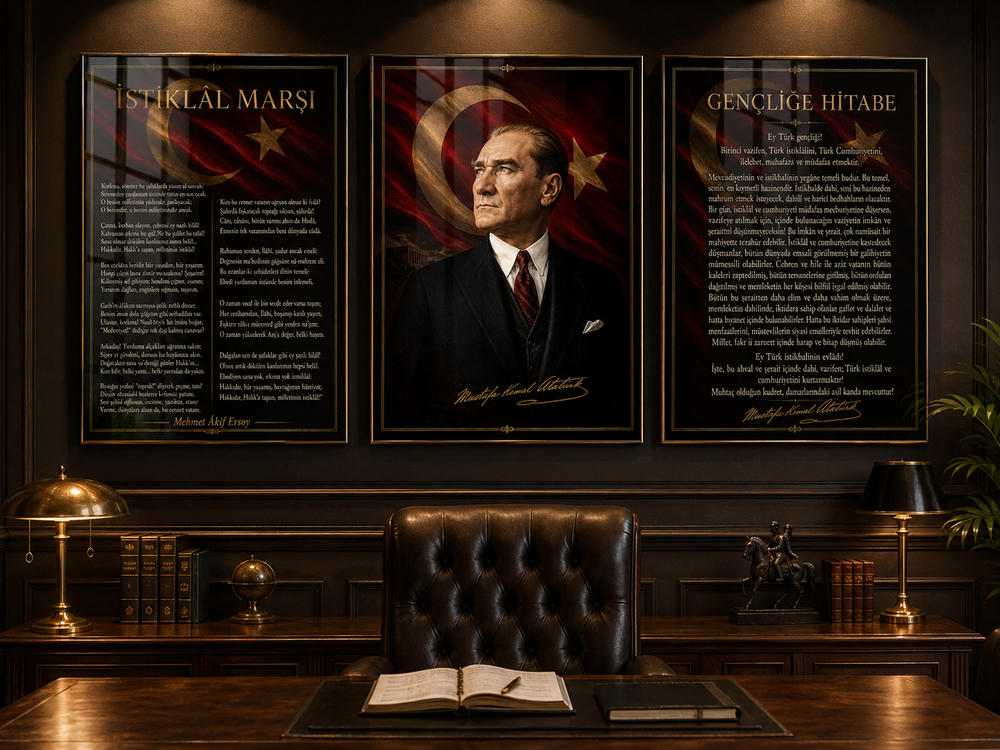 Atatürk, İstiklal Marşı ve Gençliğe Hitabe 3’lü Cam Tablo Seti – Model 05 – oda görünümü 2