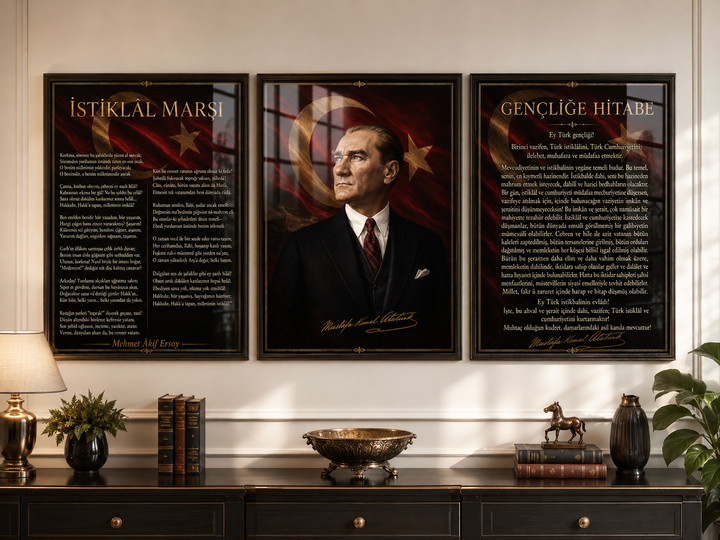 Atatürk, İstiklal Marşı ve Gençliğe Hitabe 3’lü Cam Tablo Seti – Model 05 – oda görünümü 3