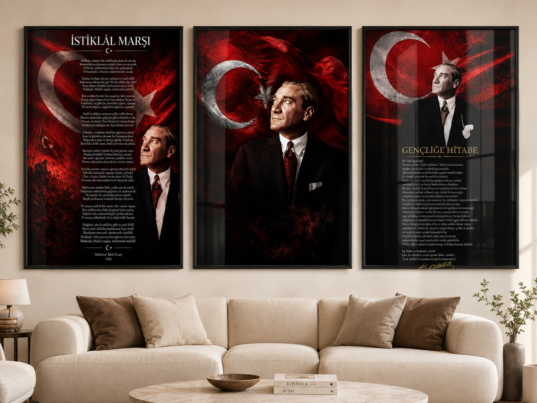 Atatürk, İstiklal Marşı ve Gençliğe Hitabe 3’lü Cam Tablo Seti – Model 06