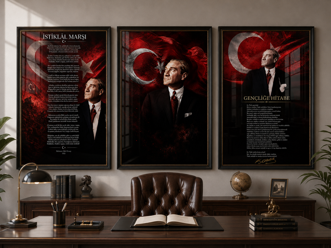 Atatürk, İstiklal Marşı ve Gençliğe Hitabe 3’lü Cam Tablo Seti – Model 06 – oda görünümü 2