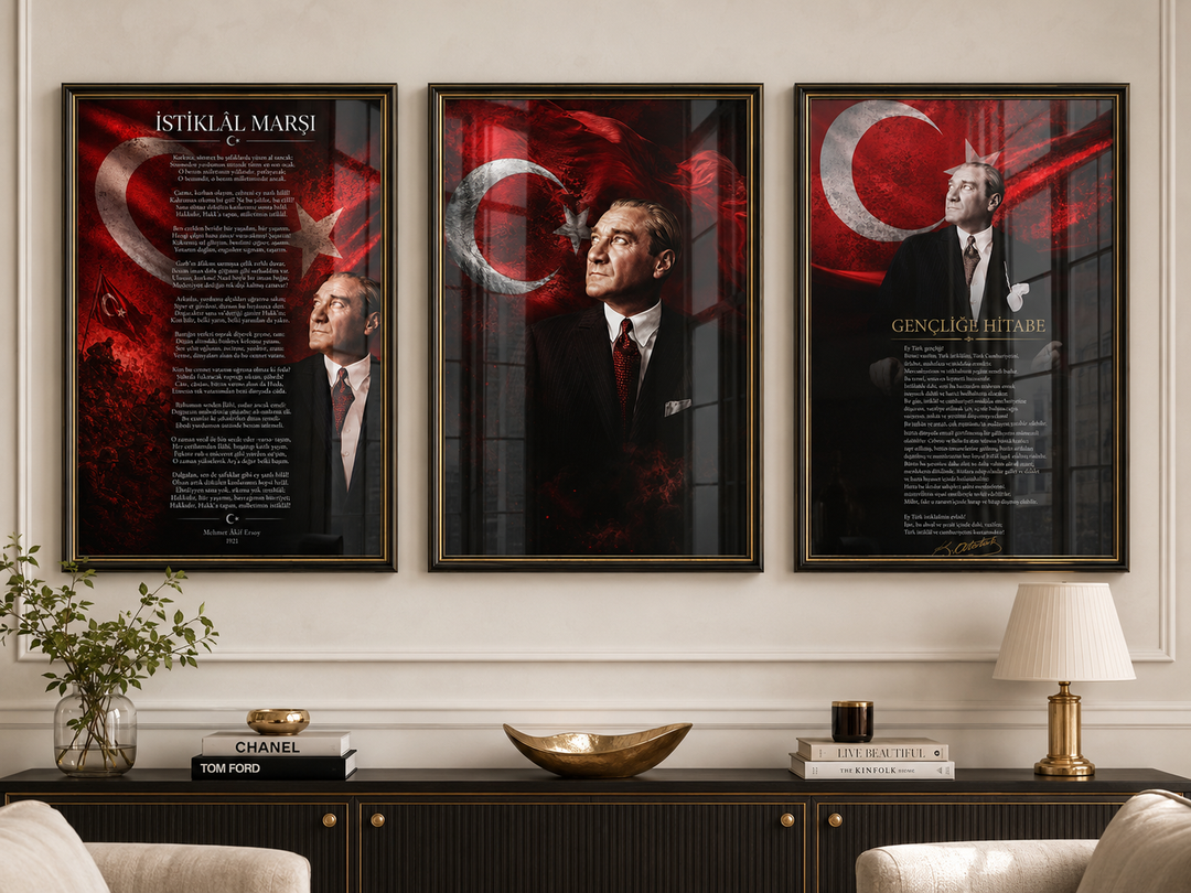Atatürk, İstiklal Marşı ve Gençliğe Hitabe 3’lü Cam Tablo Seti – Model 06 – oda görünümü 3