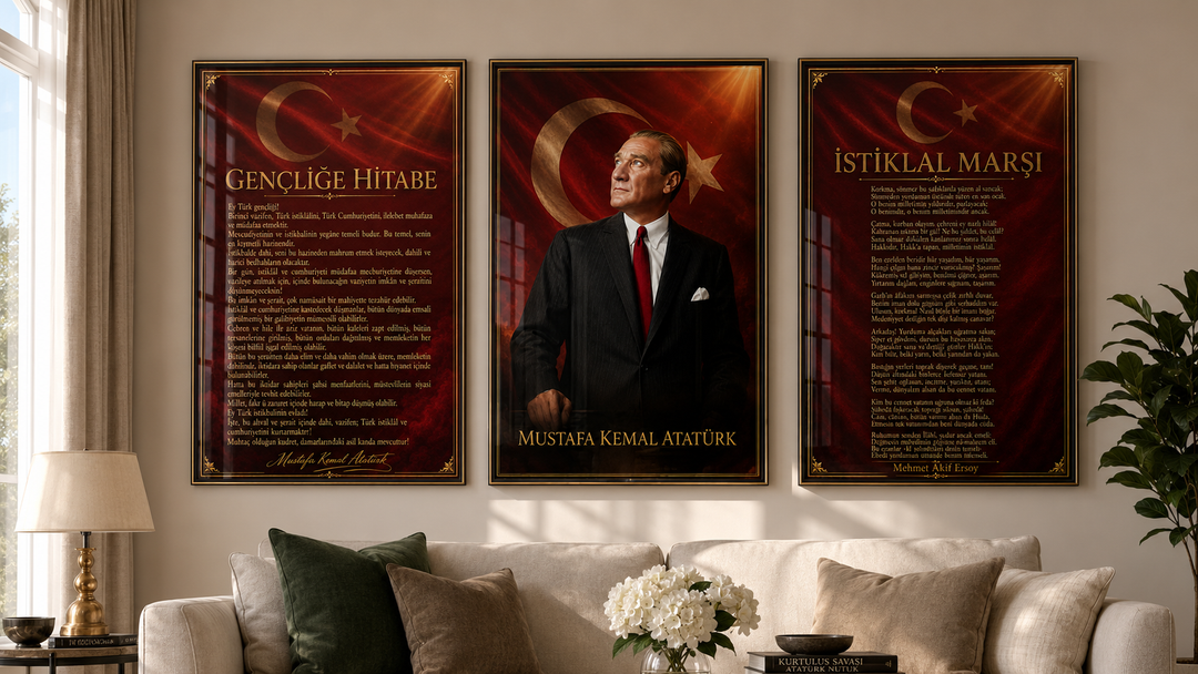 Atatürk, İstiklal Marşı ve Gençliğe Hitabe 3’lü Cam Tablo Seti – Model 08