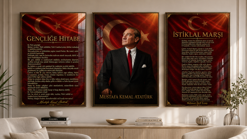 Atatürk, İstiklal Marşı ve Gençliğe Hitabe 3’lü Cam Tablo Seti – Model 08 – oda görünümü 2