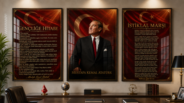 Atatürk, İstiklal Marşı ve Gençliğe Hitabe 3’lü Cam Tablo Seti – Model 08 – oda görünümü 3