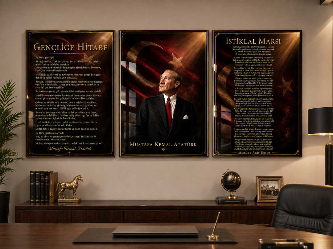 Atatürk, İstiklal Marşı ve Gençliğe Hitabe 3’lü Cam Tablo Seti – Model 09 – oda görünümü 2