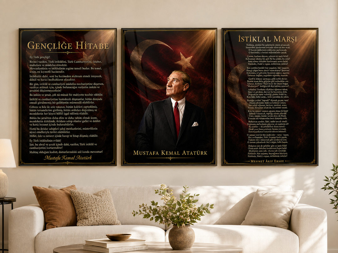 Atatürk, İstiklal Marşı ve Gençliğe Hitabe 3’lü Cam Tablo Seti – Model 09 – oda görünümü 3