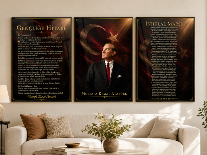 Atatürk, İstiklal Marşı ve Gençliğe Hitabe 3’lü Cam Tablo Seti – Model 09 – oda görünümü 3