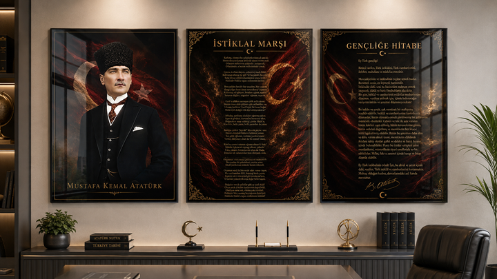 Atatürk, İstiklal Marşı ve Gençliğe Hitabe 3’lü Cam Tablo Seti – Model 10 – oda görünümü 2