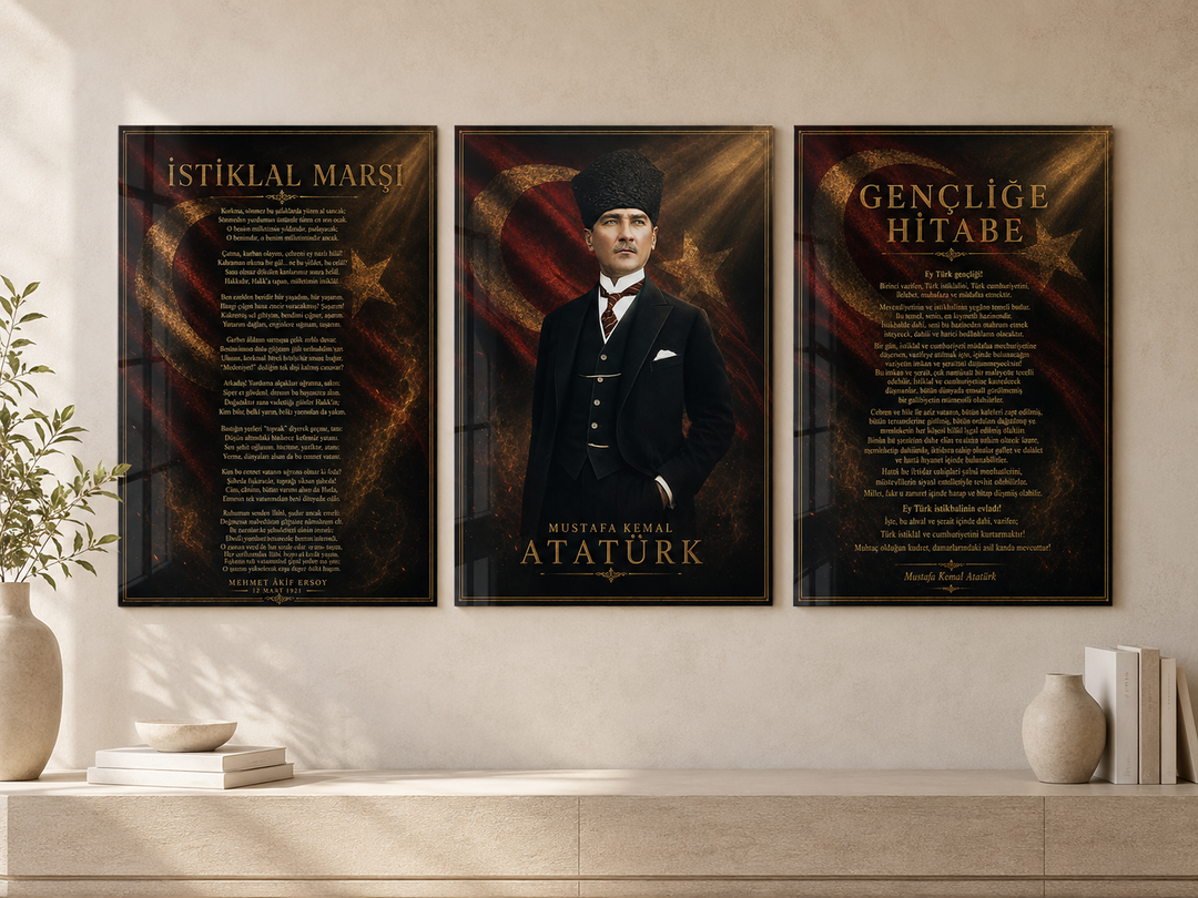 Atatürk, İstiklal Marşı ve Gençliğe Hitabe 3’lü Cam Tablo Seti – Model 11