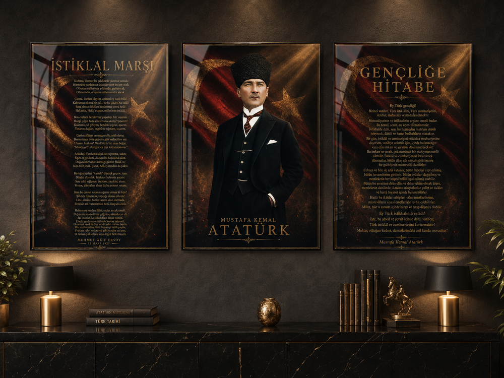 Atatürk, İstiklal Marşı ve Gençliğe Hitabe 3’lü Cam Tablo Seti – Model 11 – oda görünümü 2