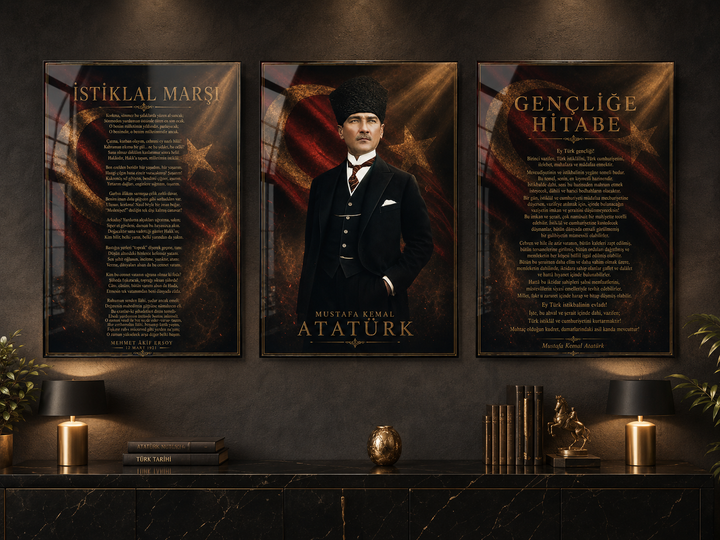 Atatürk, İstiklal Marşı ve Gençliğe Hitabe 3’lü Cam Tablo Seti – Model 11 – oda görünümü 2