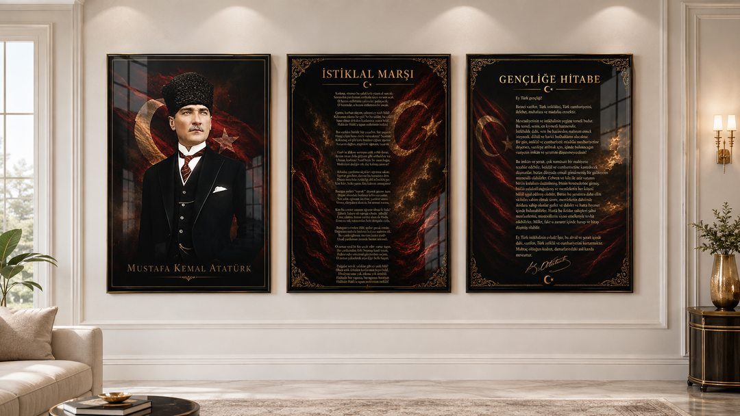 Atatürk, İstiklal Marşı ve Gençliğe Hitabe 3’lü Cam Tablo Seti – Model 12