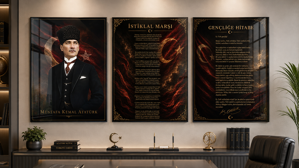 Atatürk, İstiklal Marşı ve Gençliğe Hitabe 3’lü Cam Tablo Seti – Model 12 – oda görünümü 2