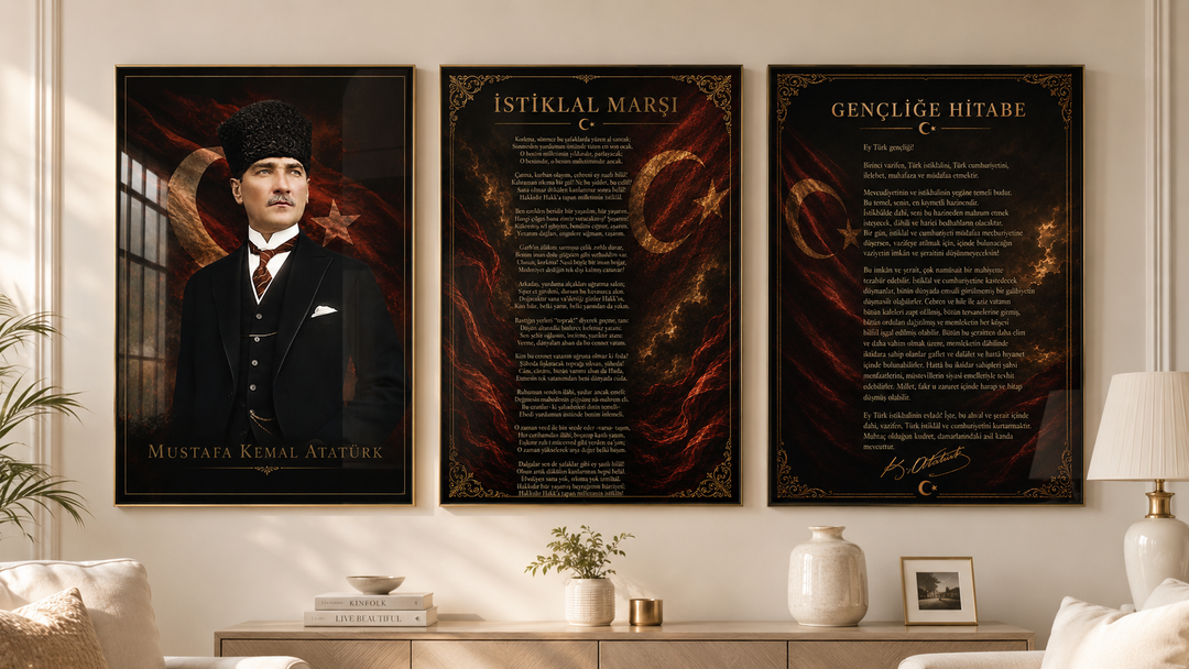 Atatürk, İstiklal Marşı ve Gençliğe Hitabe 3’lü Cam Tablo Seti – Model 12 – oda görünümü 3