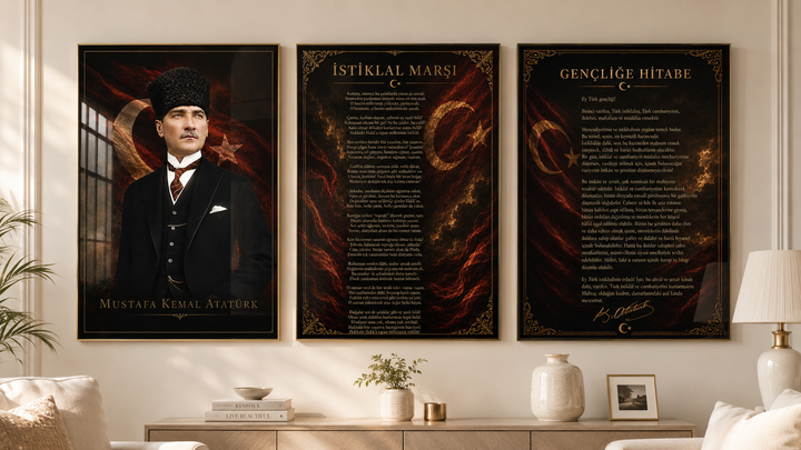 Atatürk, İstiklal Marşı ve Gençliğe Hitabe 3’lü Cam Tablo Seti – Model 12 – oda görünümü 3