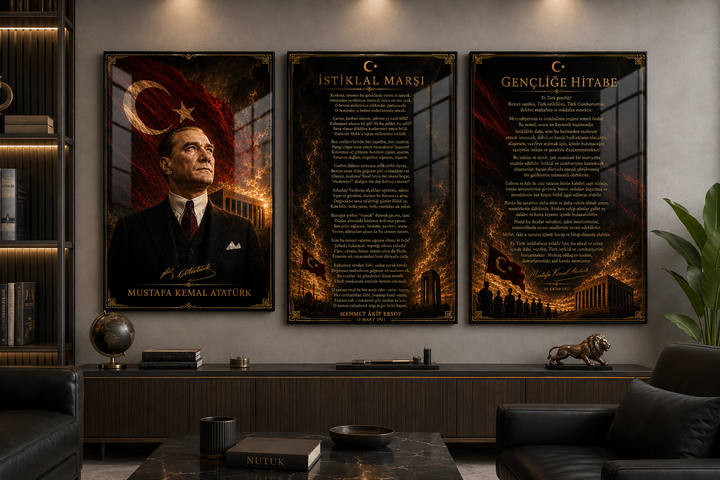 Atatürk, İstiklal Marşı ve Gençliğe Hitabe 3’lü Cam Tablo Seti – Model 13