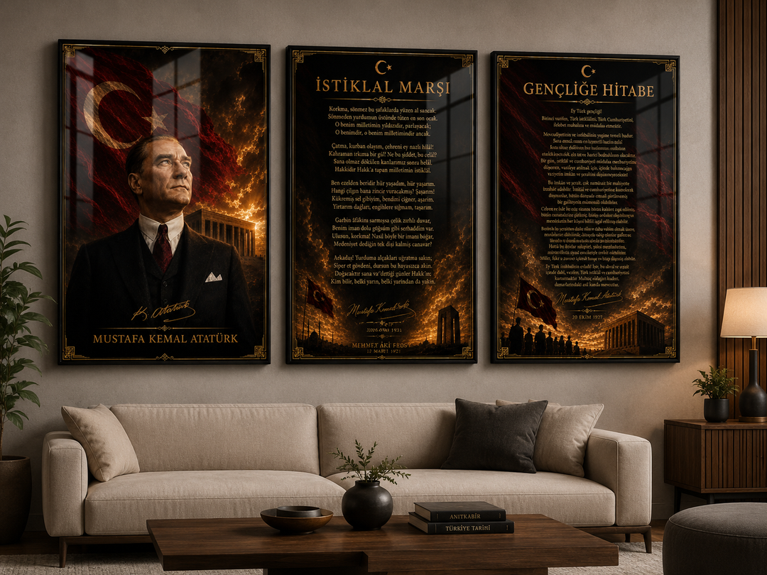 Atatürk, İstiklal Marşı ve Gençliğe Hitabe 3’lü Cam Tablo Seti – Model 13 – oda görünümü 4