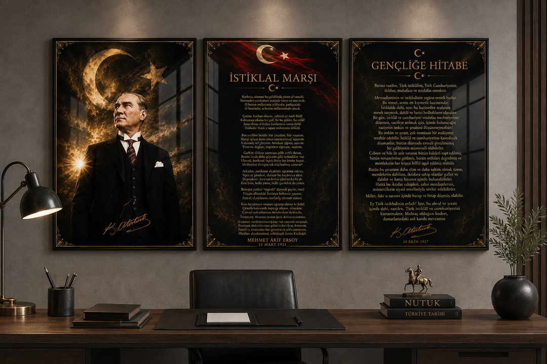 Atatürk, İstiklal Marşı ve Gençliğe Hitabe 3’lü Cam Tablo Seti – Model 14