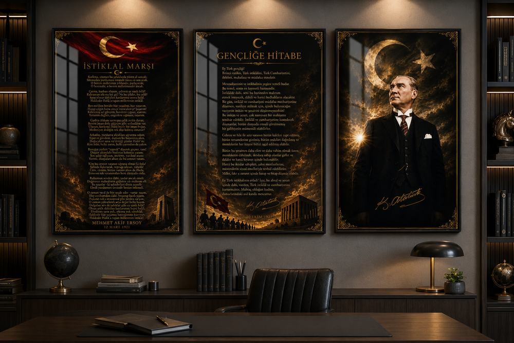 Atatürk, İstiklal Marşı ve Gençliğe Hitabe 3’lü Cam Tablo Seti – Model 14 – oda görünümü 2