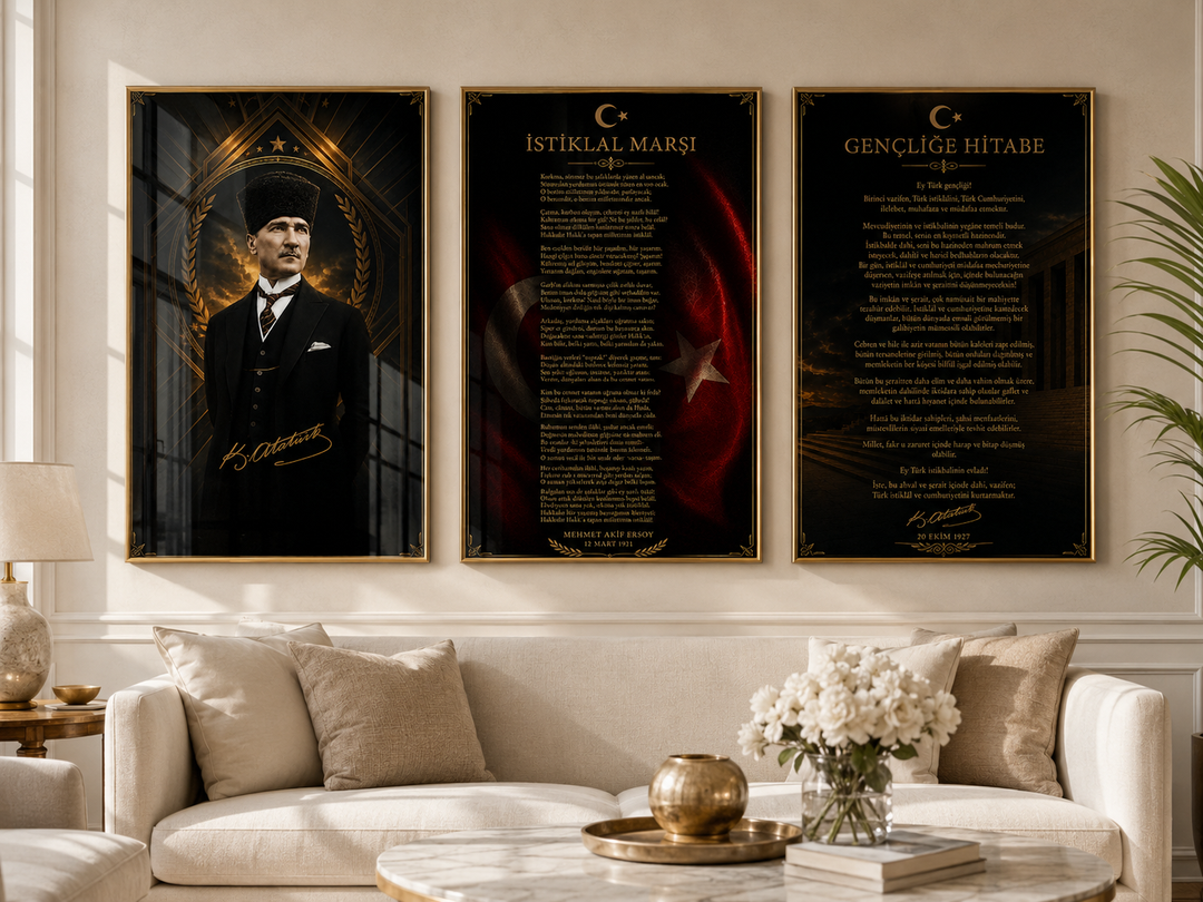 Atatürk, İstiklal Marşı ve Gençliğe Hitabe 3’lü Cam Tablo Seti – Model 15 – oda görünümü 2