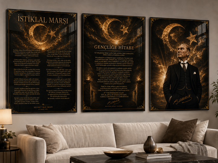 Atatürk, İstiklal Marşı ve Gençliğe Hitabe 3’lü Cam Tablo Seti – Model 16 – oda görünümü 2