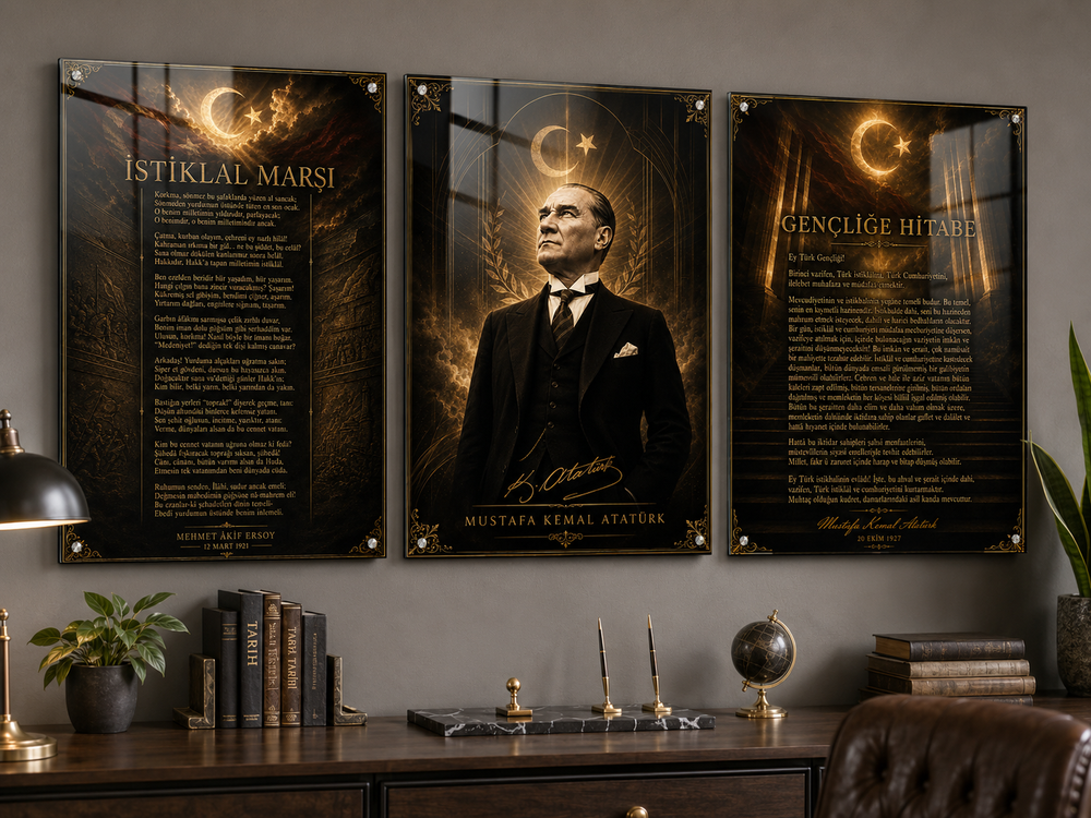 Atatürk, İstiklal Marşı ve Gençliğe Hitabe 3’lü Cam Tablo Seti – Model 17 – oda görünümü 2
